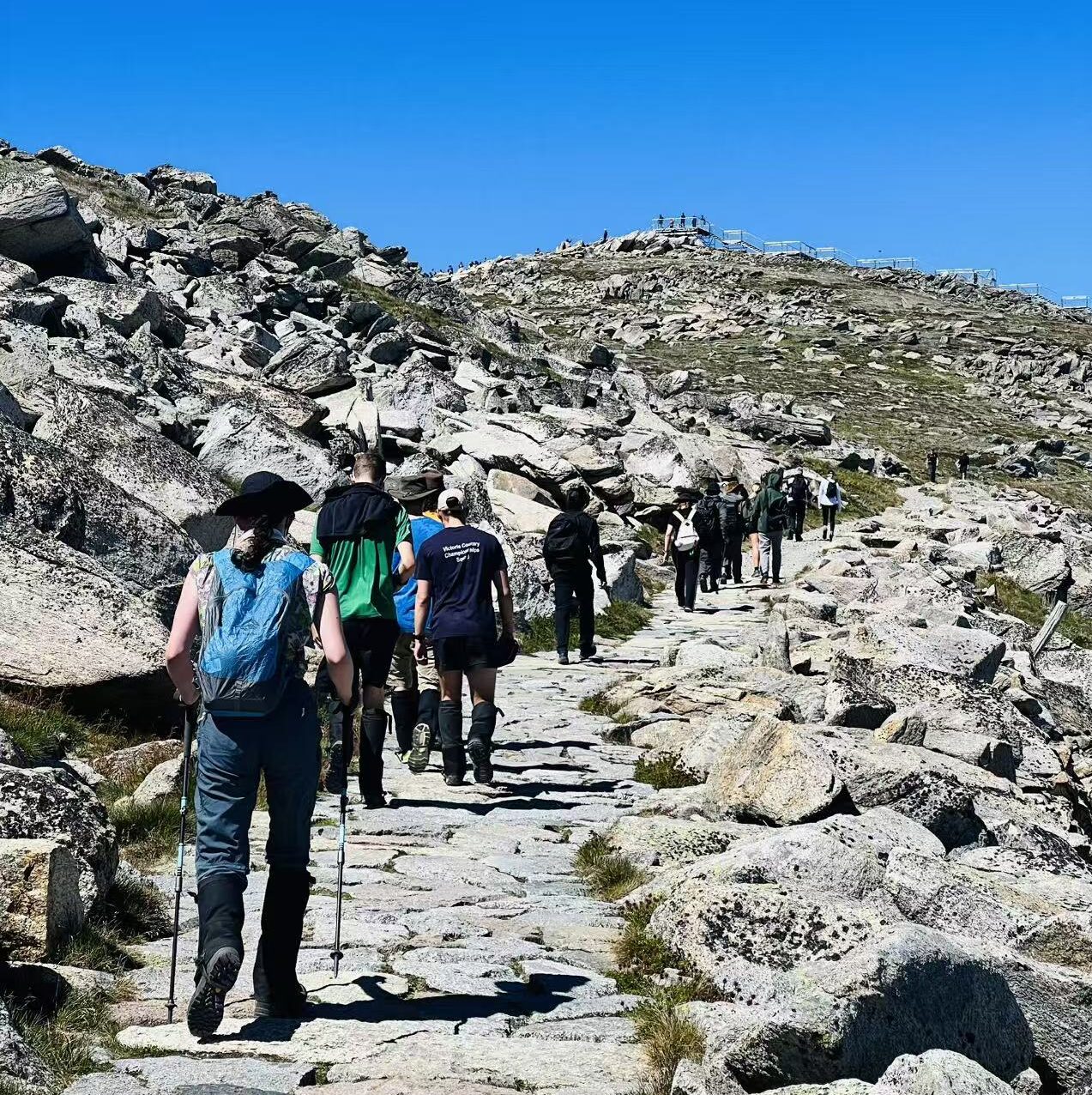 Travelers walking on the Kosciuszko summit trail during a classic south coast Australia route