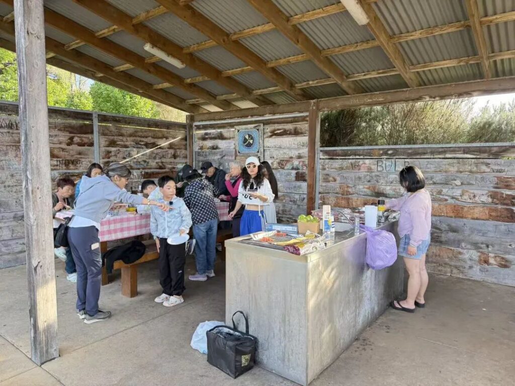 Group BBQ dinner at Port Campbell public barbecue area near playground Great Ocean Road