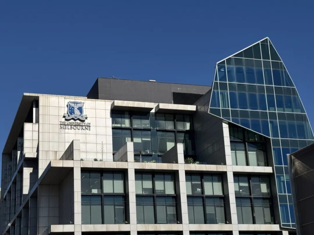 University of Melbourne modern campus building with official crest, Parkville Victoria Australia