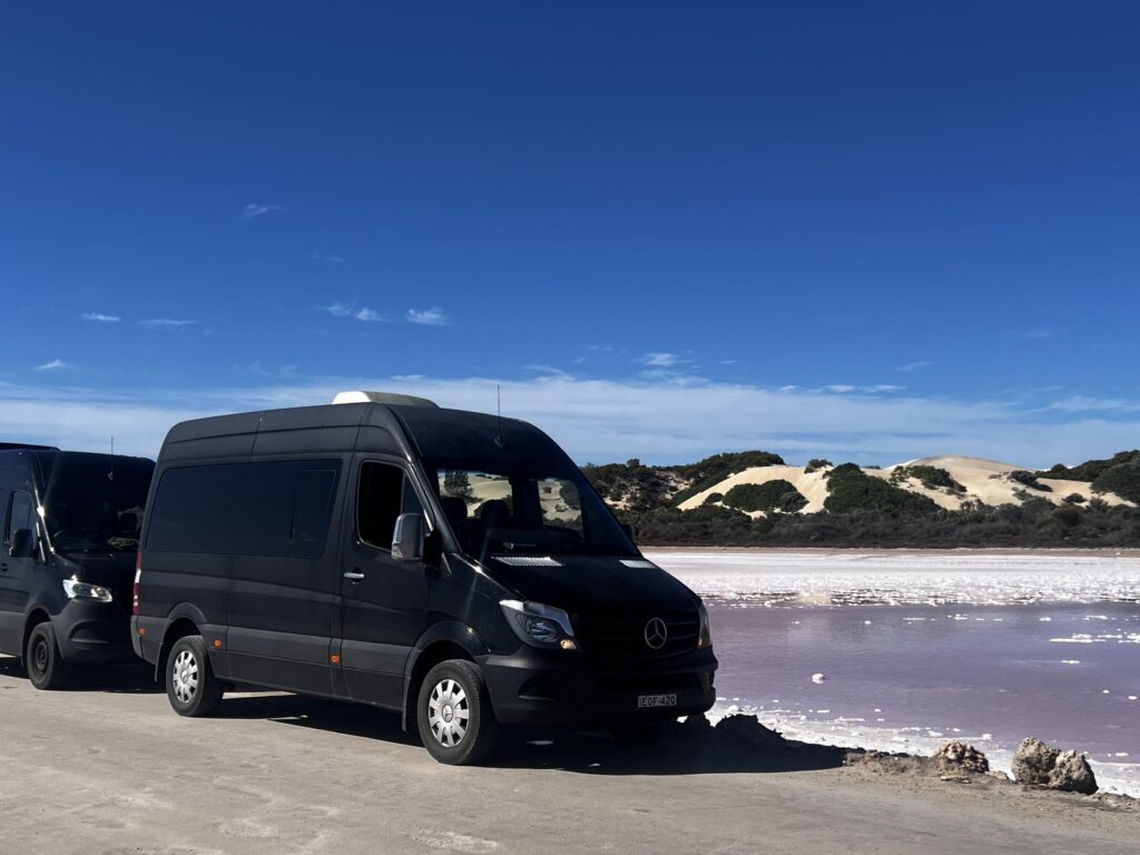 Leo Australia12座奔驰旅行车停在西澳粉湖边，粉色湖水与白色沙丘形成梦幻对比