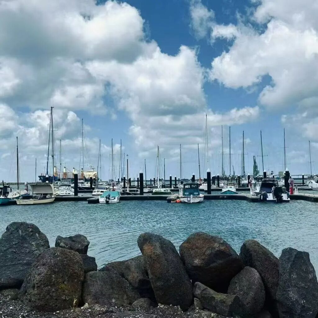波特兰码头岩石前景与碧蓝港湾，帆船林立的南澳边境附近海港景色